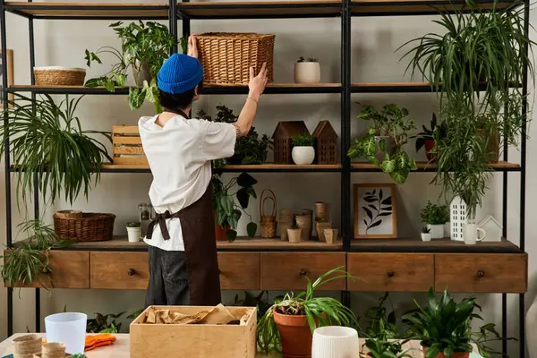 Stüdyoda genç bir adam ahşap raflardaki yeşillikleri ve dekoratif eşyaları dikkatlice yeniden düzenliyor..