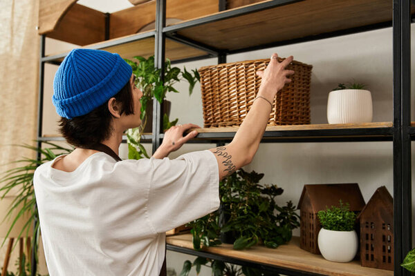 Handsome young man carefully transitions his plants into new pots within a vibrant studio setting.
