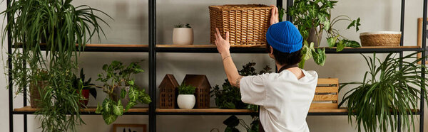 Handsome young man carefully transplanting plants while organizing a stylish studio environment