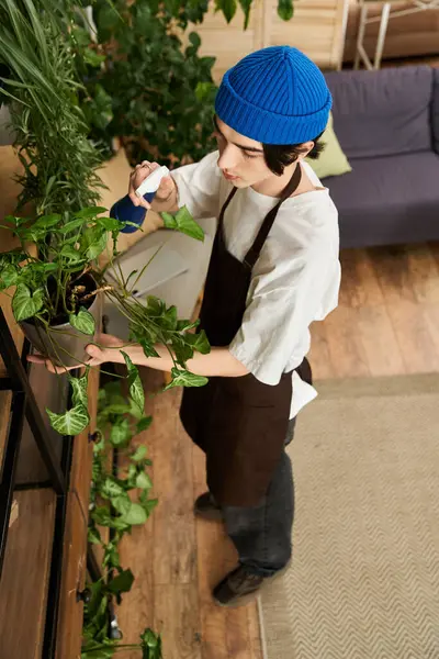 Genç bir adam stüdyolarını yeşillendirirken bitkileri yeni saksılara dikkatlice aktarıyor..