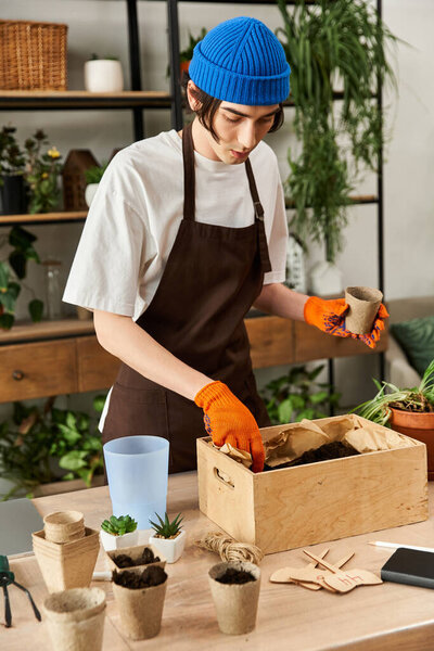A young man pots plants, displaying his gardening skills in a bright studio.