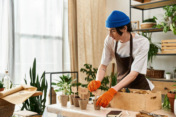 Young man skillfully transplants plants in a well lit studio surrounded by various greenery.