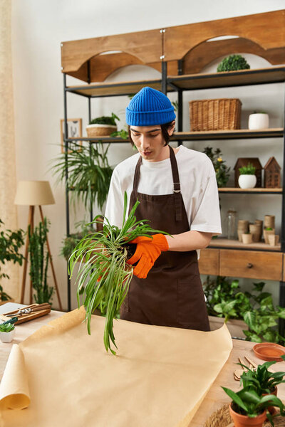 Young man carefully repotting lively plants in a warm, inviting studio filled with greenery.
