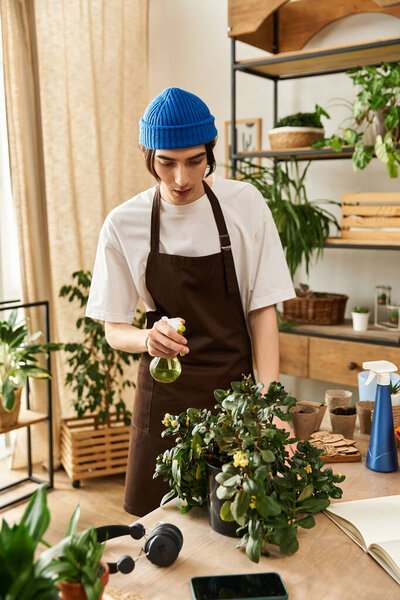 A young man in an apron spritzes plants in a warm, inviting studio full of greenery.