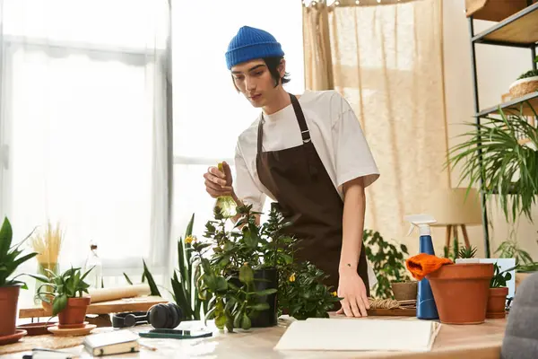 Genç bir adam, doğal ışıkla dolu rahat bir stüdyoda canlı bitkiler naklediyor..