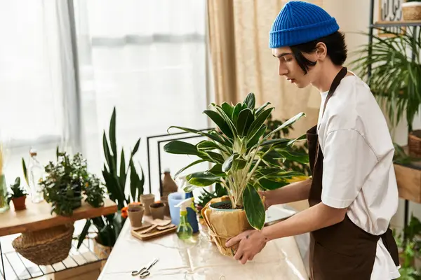 Genç adam dikkatli bir şekilde yeşillik dolu güneşli bir stüdyoda canlı bitkiler naklediyor..