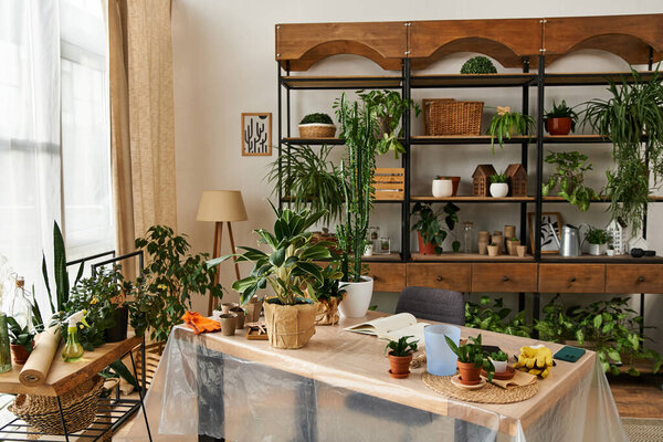 A well lit room full of fresh lively plants and pots on modern table and shelves.