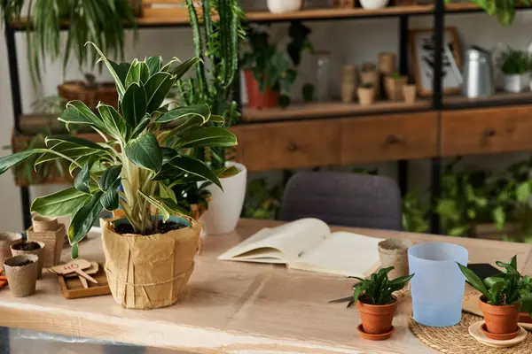 Geniş stüdyodaki basit bej masa taze ve canlı bitkilerin nakli için hazır..