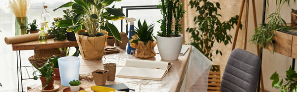 Современный деревянный стол, полный пышных зеленых растений и различных горшков в хорошо освещенной студии.