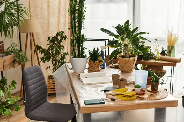Çağdaş ahşap masanın yanındaki gri sandalye iyi aydınlatılmış stüdyoda saksı ve bitkilerle dolu..