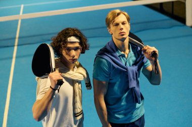 İki genç adam, rekabetçi ruhlarını ve takım çalışmalarını sergiledikleri heyecan verici bir Padel maçına hazırlanıyor..