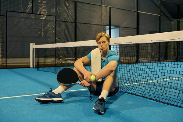 Mavi kortta Padel oynadıktan sonra ağları eşeleyen genç bir atlet.