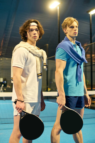 Два талантливых юноши готовы соревноваться на падель-корте, демонстрируя решимость и стиль.