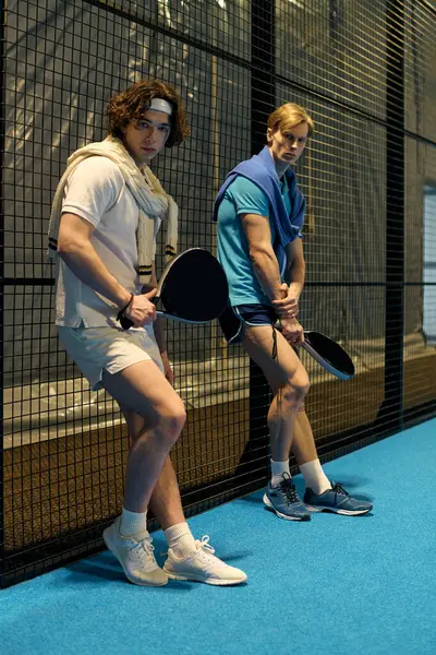 İki genç sporcu canlı mavi kortta heyecan verici bir Padel maçına hazırlanıyor..