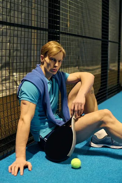 Spor giyim sektöründe genç bir adam Padel kortunda oturmuş enerjik bir maça hazırlanıyor..