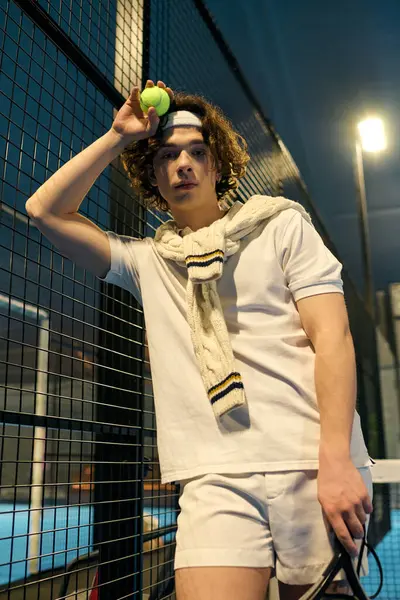 Genç bir atlet, sahada konsantrasyon ve stil gösteren bir Padel oyununa hazırlanıyor..