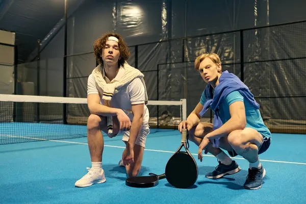 Yetenekli Padel oyuncuları kapalı saha ortamında maç üstüne dinleniyorlar.