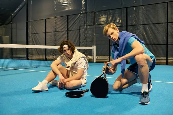 İki genç adam canlı bir mavi sahada oynamaya hazırlanıyor. Odaklanmış ve harekete geçmeye hazır..