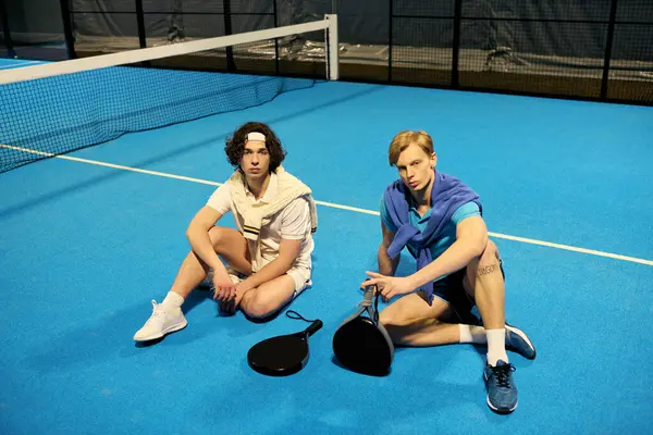 Parlak mavi sarayda Padel oynadıktan sonra kendini adamış genç adamlar can çekişiyor..