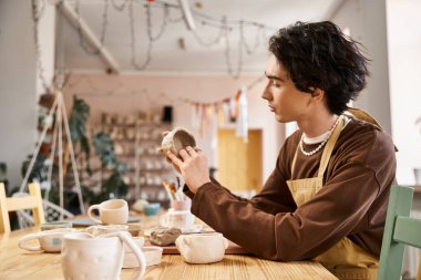 Etrafı aletlerle ve kille çevrili canlı bir stüdyoda çömlek yapmaya dalmış yakışıklı bir adam..