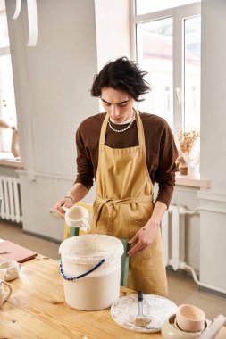Odaklanmış ve şık bir adam çeşitli çanak çömlek aletleriyle çevrili iken bir konteynırdan kil döker..