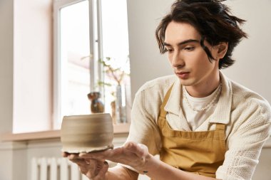 Yaratıcı adam son seramik eserini parlak ve davetkar bir çömlek stüdyosunda sunar..