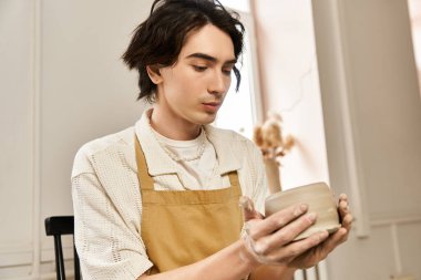 Adam sanatsal yeteneklerini sergilerken parlak bir çömlek stüdyosunun atmosferinde kil şekillendiriyor..