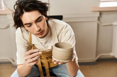 Yakışıklı adam sanatsal ifade ve zanaata dalmış kilden bir tencereyi şekillendirmeye odaklanıyor..