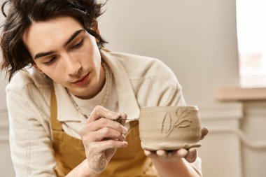 Şık bir adam parlak ve ilham verici bir stüdyoda çömlek şekillendirir..