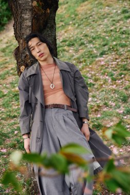 Gri trençkotlu genç bir Asyalı huzur parkında bir ağaca yaslanıyor..