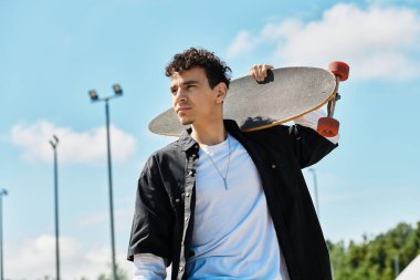 Genç bir adam güvenle parkta yürüyor, güneşin altında kaykayını tutuyor..