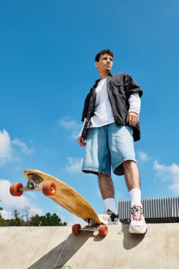 Adam kaykayla parkta duruyor, parlak güneş ışığı ve temiz havayla ıslanıyor..