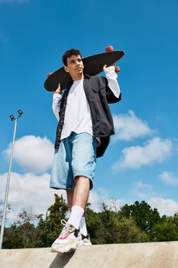 Genç bir adam parktaki parlak gökyüzünün altında kendine güvenen bir kaykayı tutuyor..