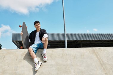 Parkta beton bir çıkıntıda oturan genç bir adam elinde kaykayla güneşli havanın tadını çıkarıyor..