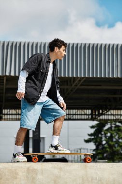 Genç bir adam parlak güneş ışığının tadını çıkarırken canlı bir park ortamında kaykayına biniyor..