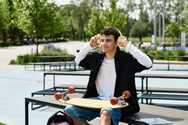 Mutlu bir genç adam bankta kulaklıkları ve parktaki kaykayıyla rahatlar..