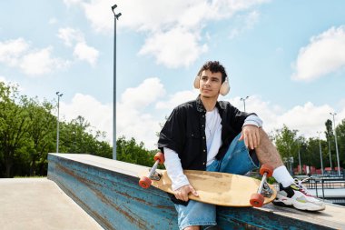 Genç bir adam kaykaylı bir rampada oturuyor, güneşi canlı bir park atmosferinde emiyor..