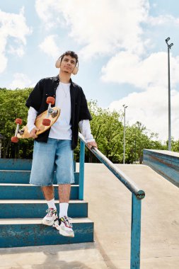 Rahat bir stile sahip kaykaycı parkın merdivenlerinde güvenle durur, kaykayını tutar ve gülümser..