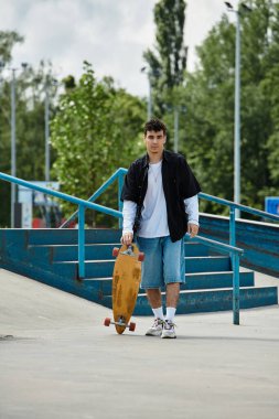 Genç bir adam kaykayla yürüyor, güneşli bir gökyüzünün altında, parkta eğlenmeye hazır..