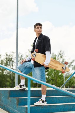 Canlı bir park ortamında, genç bir adam basamaklarda güvenle duruyor, kaykay harekete hazır..