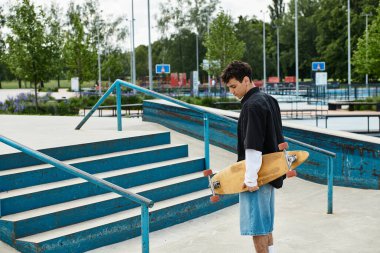 Kaykay rampasında güneşli bir günde kaykayını tutan bir adam..