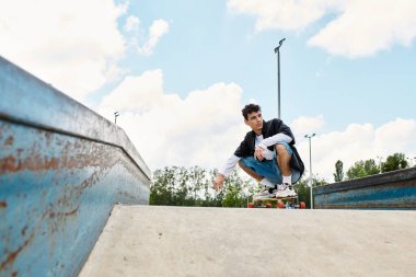 Açık bir günde parkta kaykay yaparken günlük kıyafetlerle poz veren genç bir adam..