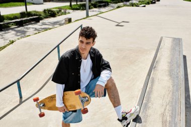 Genç bir adam kaykay rampasında oturuyor, kaykayını tutuyor ve parkta rahat görünüyor..