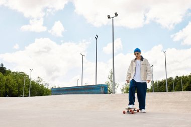 Canlı bir parkta kaykay yapan genç bir adam güneşli gökyüzünün altında yeteneklerini sergiliyor..