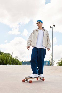 Genç bir adam parlak mavi gökyüzünün altındaki canlı bir parkta kaykayıyla kayıyor..