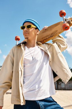 Kaykaylı kendine güvenen genç bir adam mavi gökyüzünün altında parkta yürüyor..