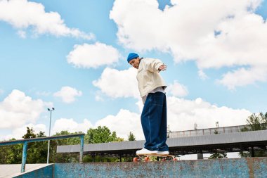 Genç bir adam, parlak ve neşeli bir günde parkta ustaca kaykay yapıyor..