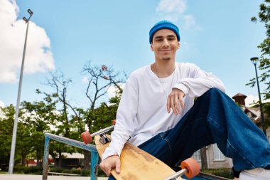 Genç bir adam parkta mavi bir bere takıyor ve kaykayını tutuyor..