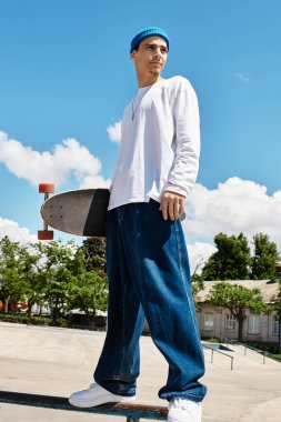 Genç bir adam, elinde kaykayla, parkın parlak mavi gökyüzünün altında güvenle duruyor..