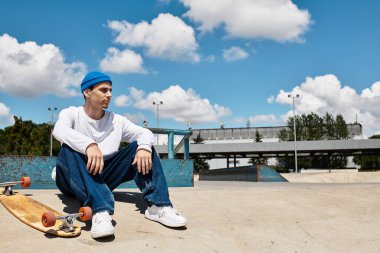 Günlük giysili genç adam kaykayın yanında oturuyor, güneşli bir günün tadını çıkarıyor..